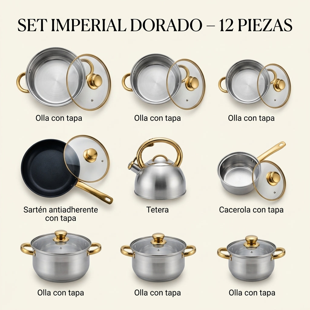 Set Imperial Dorado – 12 Piezas de Acero Inoxidable