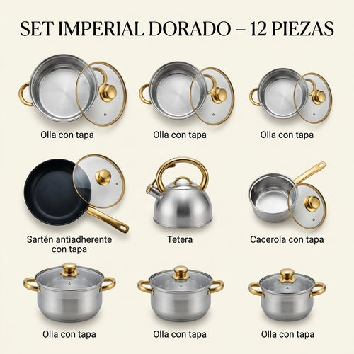 Set Imperial Dorado – 12 Piezas de Acero Inoxidable
