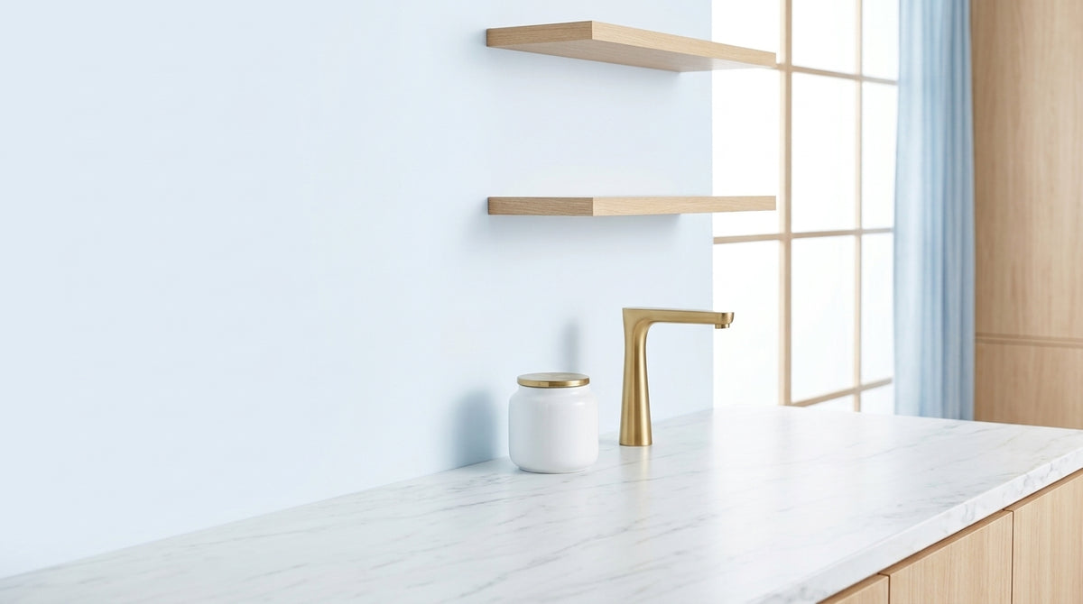 Cocina moderna con repisas de madera y encimera de mármol
